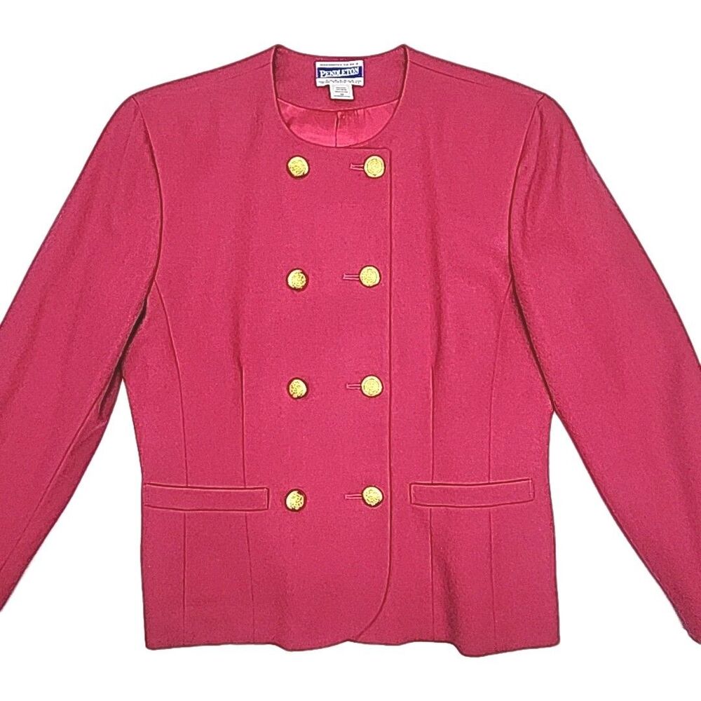 Pendleton Blazer Jacket Pink Double Breast Gold Button Wool Women Sz 12 USA Made